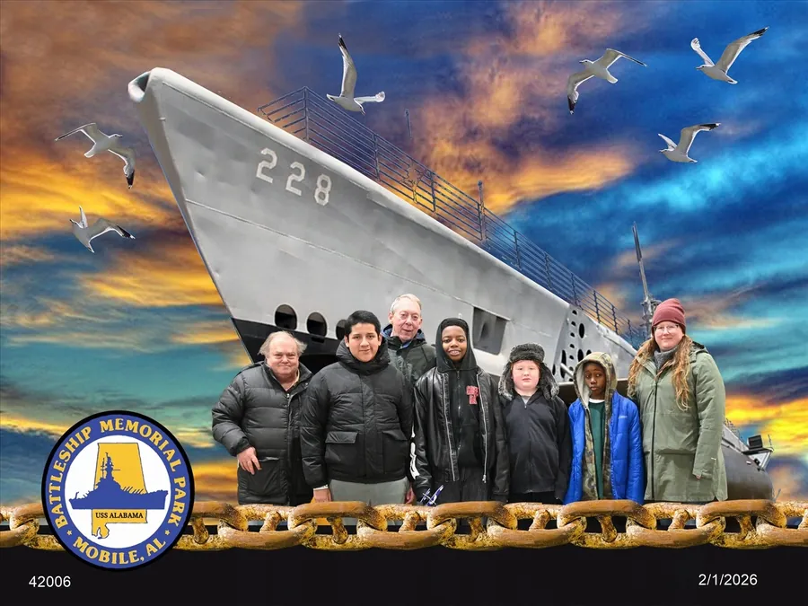 Troop 62 group photo in front of the USS Drum submarine at Battleship Memorial Park.